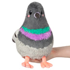 Gray plush pigeon with rainbow scarf band and embroidered eyes, 7-inch mini size.
