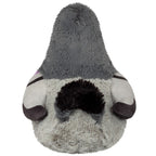 Gray plush pigeon front view with black wings and feet, soft rounded belly.