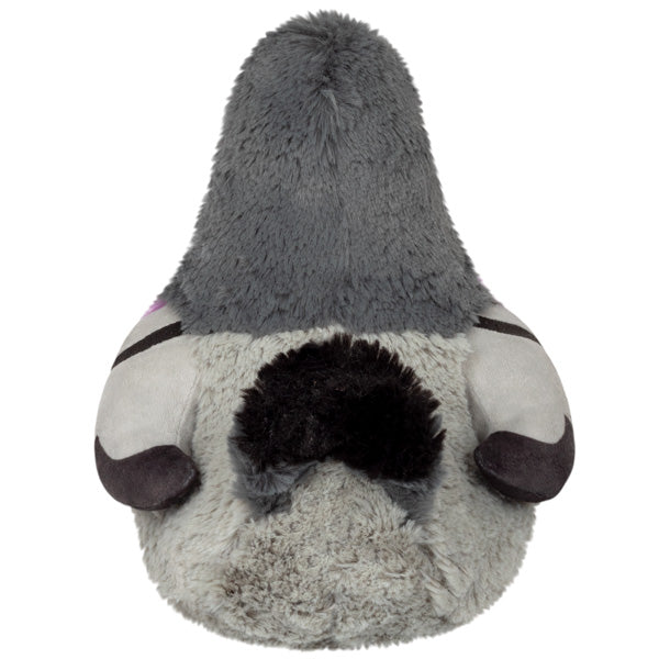 Gray plush pigeon front view with black wings and feet, soft rounded belly.