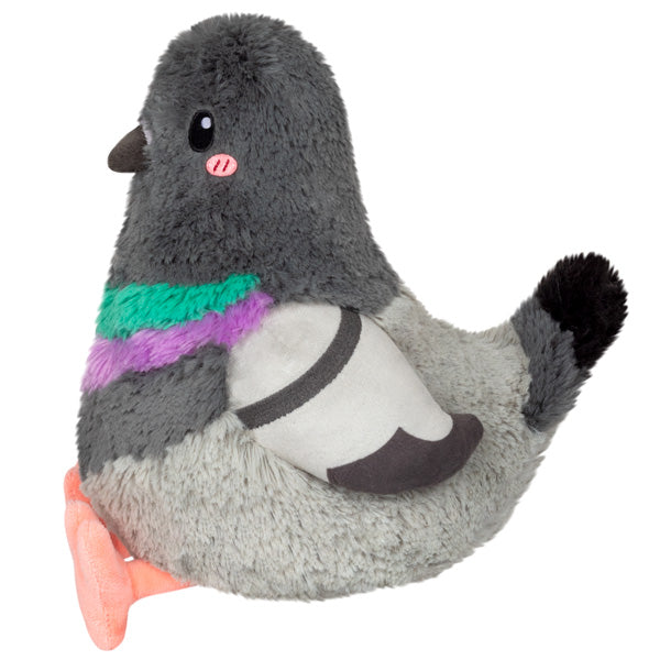 Gray plush pigeon holding pose, rainbow belly band with purple and green, curved wing.