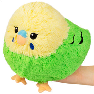 Green and yellow budgie plush with blue beak, small wings, and soft fuzzy texture