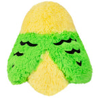 Green budgie plush with yellow belly, closed-eye embroidered lashes, and small wings