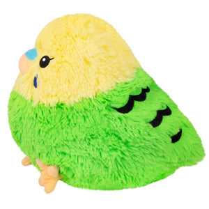 Mini budgie plush in green and yellow with blue beak and stitched black eye marks
