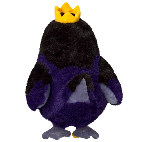Back-facing raven plush with yellow crown, purple belly patch, gray feet