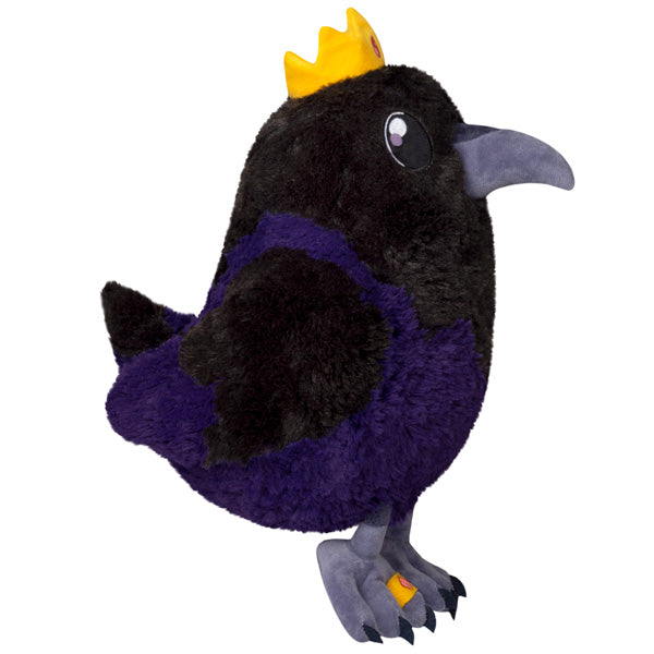 Standing raven plush with yellow crown, purple belly, outstretched wings and feet