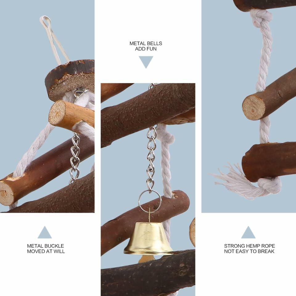 Wooden bird swing close-up with hanging metal bell and chain link details
