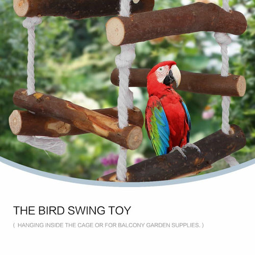 Wooden bird swing with hanging bell; colorful parrot perched on rope ladder