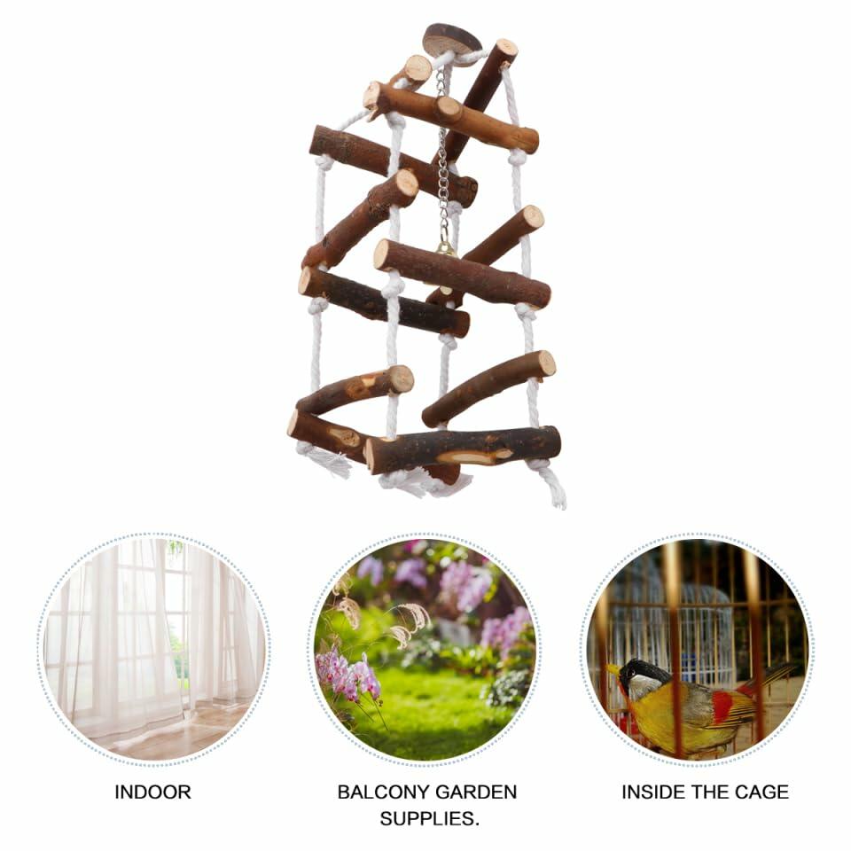 Wooden hanging bird swing with rope hangers and metal bell for cage use