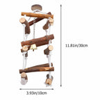 Wooden hanging bird swing with stacked rope ladders and hanging metal bell