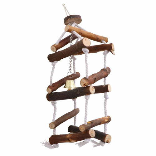 Wooden bird swing ladder with stacked rope segments and hanging metal bell