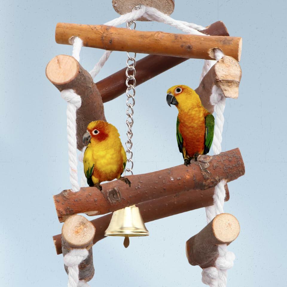 Wooden bird swing ladder with bell and two parrots perched on rope bars