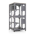 Gray two-level pet aviary with wire mesh sides, nesting box door, and rolling casters