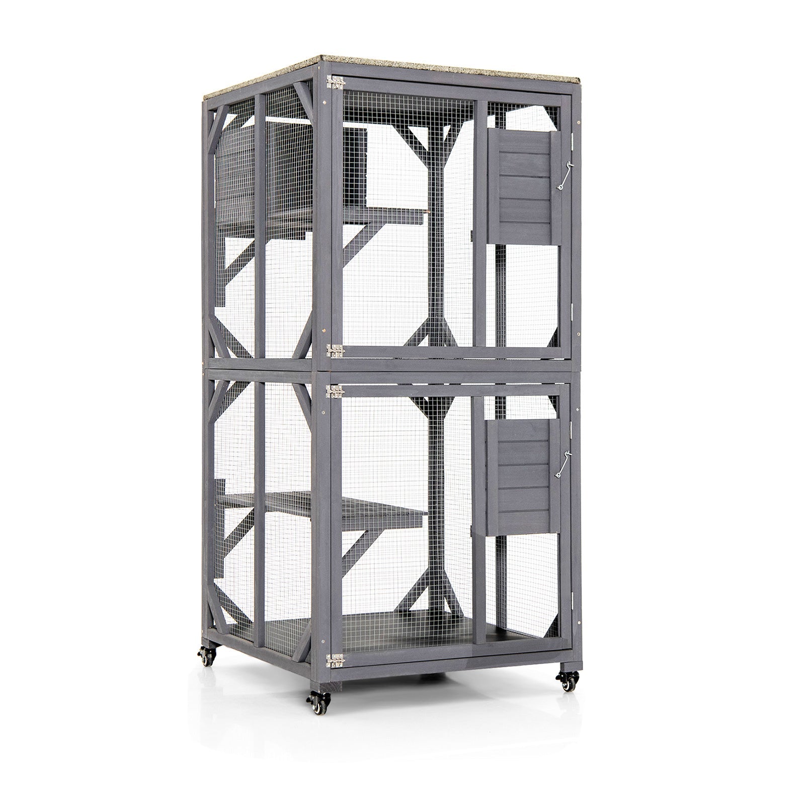Gray two-level pet aviary with wire mesh sides, nesting box door, and rolling casters
