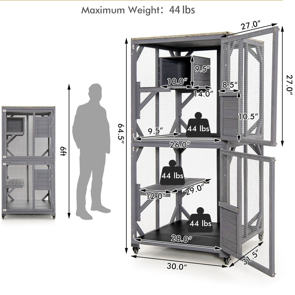 Two-tier split aviary with wire mesh panels, side door, and four rolling wheels