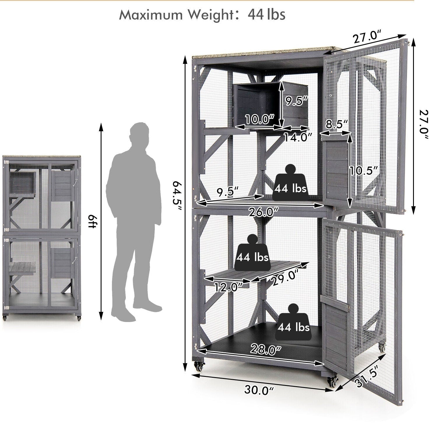 Two-tier split aviary with wire mesh panels, side door, and four rolling wheels