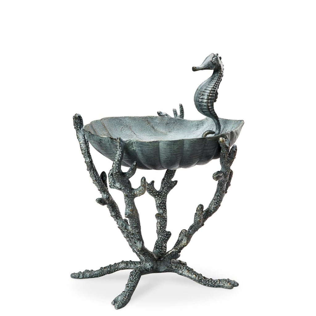 Seahorse-themed birdbath with scalloped metal basin and three-legged stand