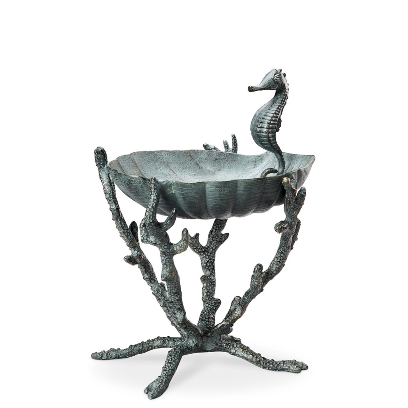 Seahorse-themed birdbath with scalloped metal basin and three-legged stand