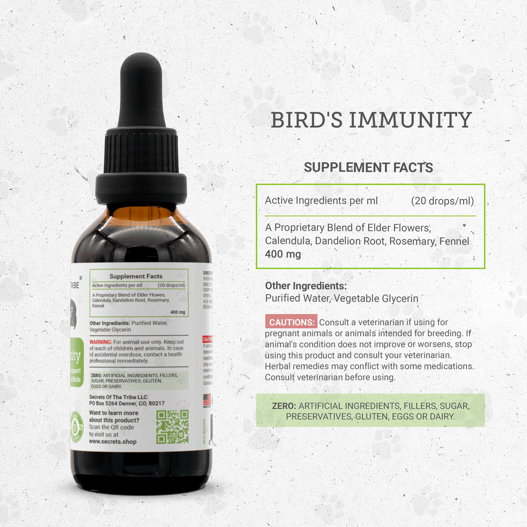 Bird immune support liquid supplement bottle with back Supplement Facts label panel