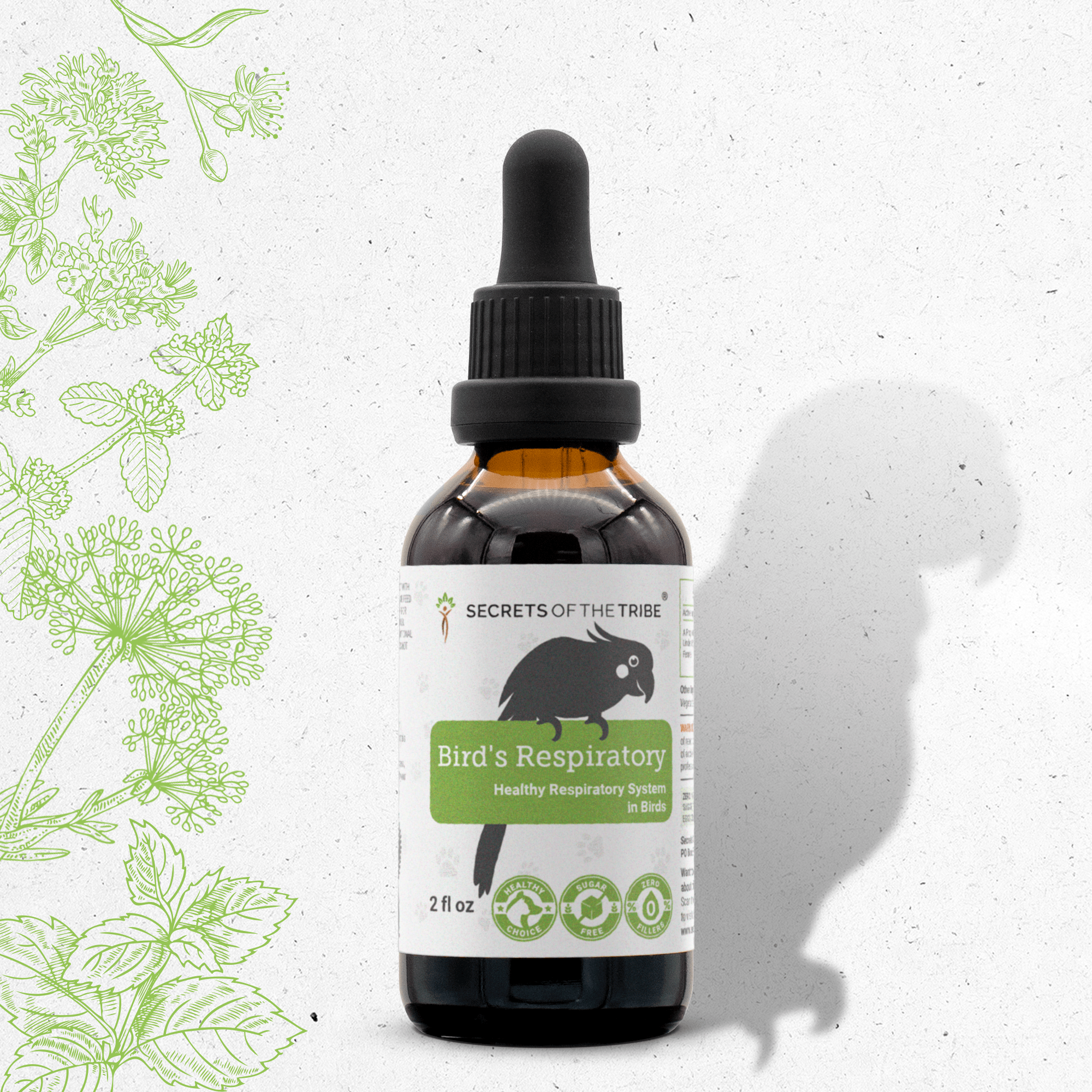 Alcohol-free bird respiratory supplement liquid in amber glass bottle with dropper