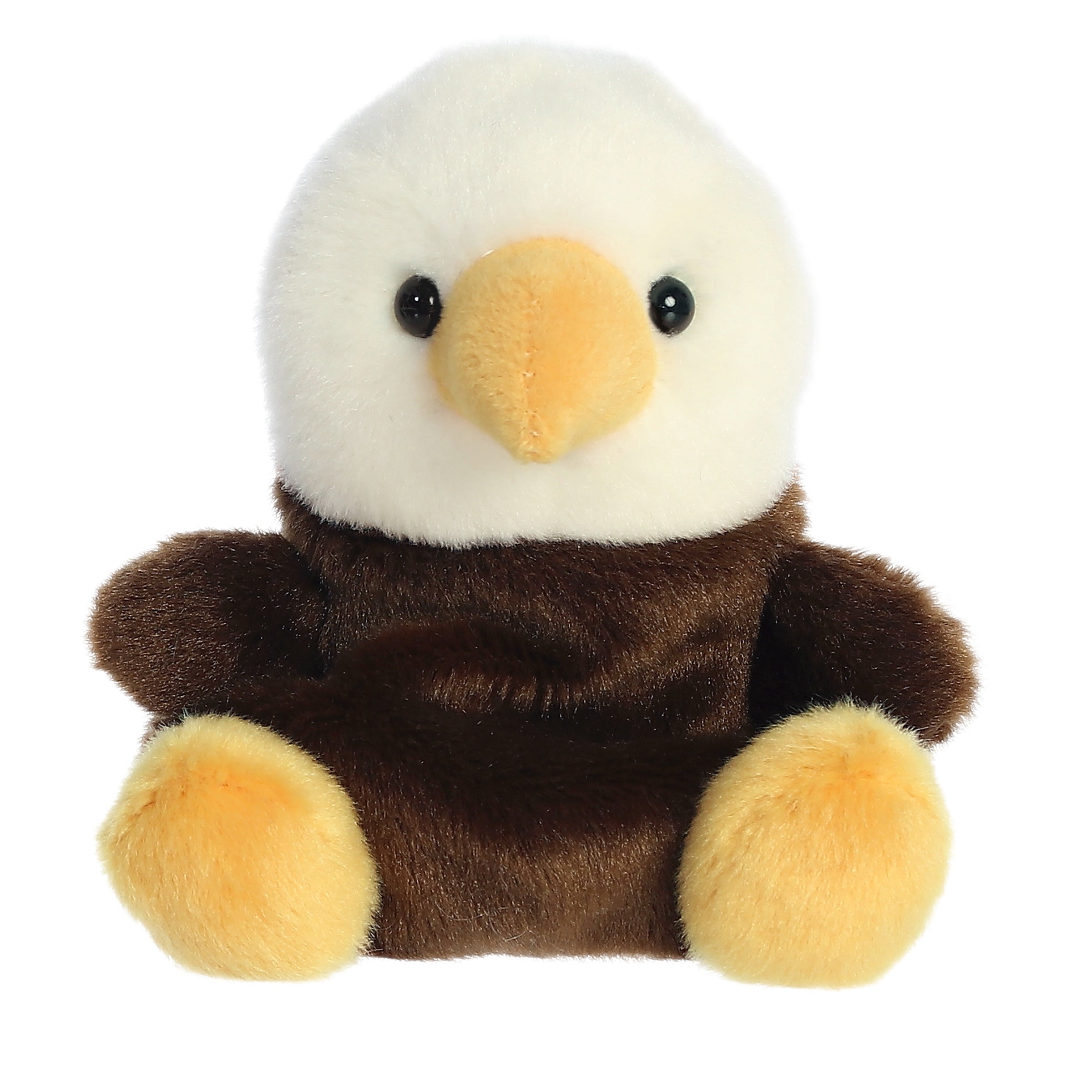 Brown-and-white bald eagle plush with orange beak and yellow feet